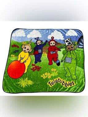 VTG 90s TELETUBBIES Plush Fleece Blanket 50x60” Tinky-Winky Dipsy Po Laa-Laa